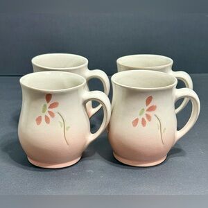Studio Art Pottery Set Of 4 Cream Mugs With Pink Ombre Base Coral Flower Design
